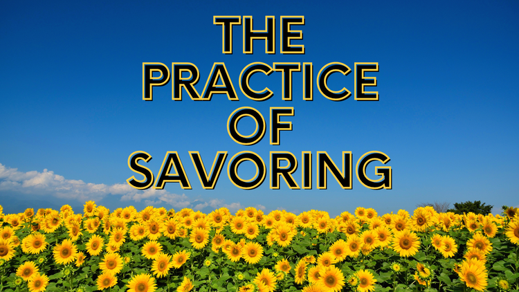 A sunflower field picture with text that reads "The Practice Of Savoring".